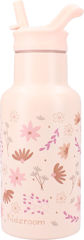 Gourde rose pâle avec paille et imprimé floral. Le texte 'Kidzroom' est sur la gourde.