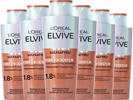Zeven L'Oréal Elvive "Fiber Booster Anti-Haaruitval" shampoos, in een groep met zilveren en koraalroze flessen.