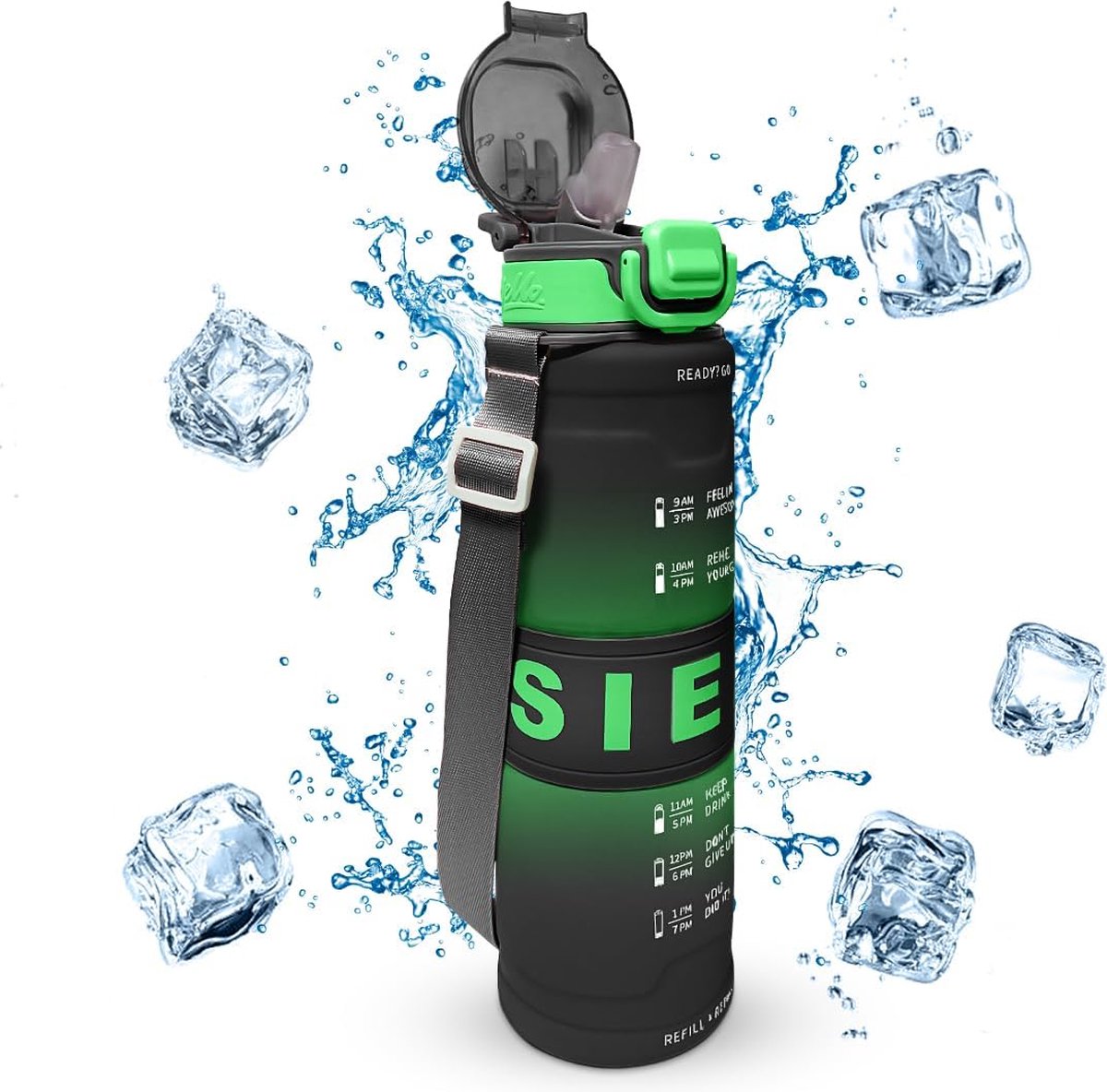 Pluto® - Drinkfles Met Rietje - Motiverende Tijd Marker - BPA-Vrij - Lekvrij - Waterfles perfect voor school, Office, Sporten, Fietsen -1 Liter - Zwart en Groen