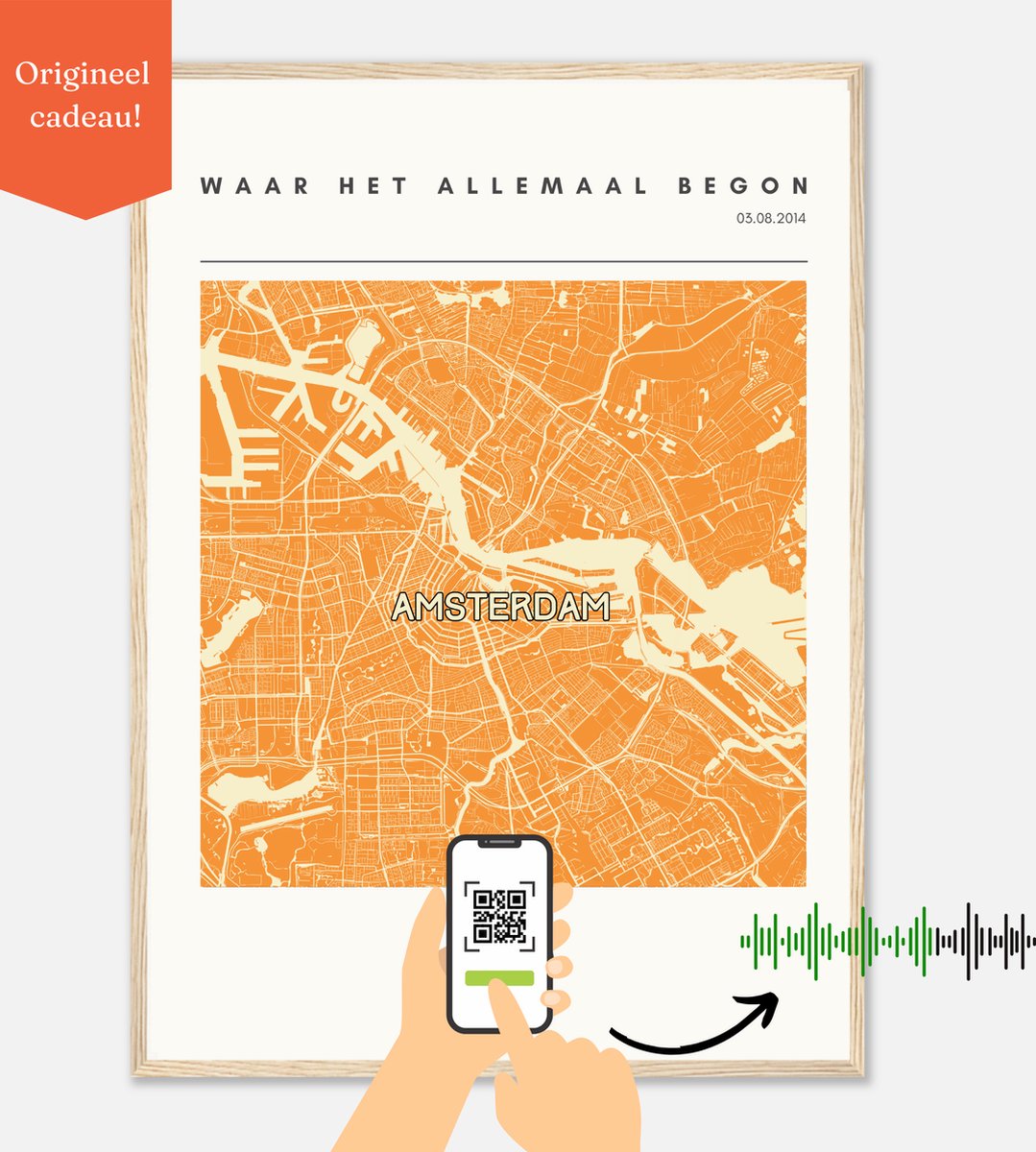 Gepersonaliseerde Citymap Poster – Plattegrond/Stadskaart van Jouw Speciale Plaats met Datum & Favoriete muziek | QR Code | 50 x 70 cm Premium Papier | Citymap Orange | Unieke Kunst & Blijvende Herinnering
