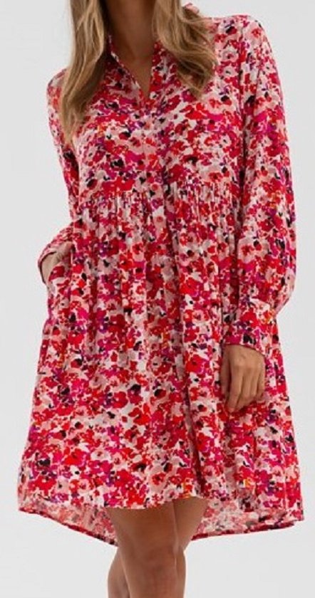 Korte jurk van viscose met kraag | Rood | Maat 38/M