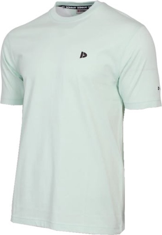Lichtgroen t-shirt met korte mouwen, gedraaid voor een profielaanzicht.