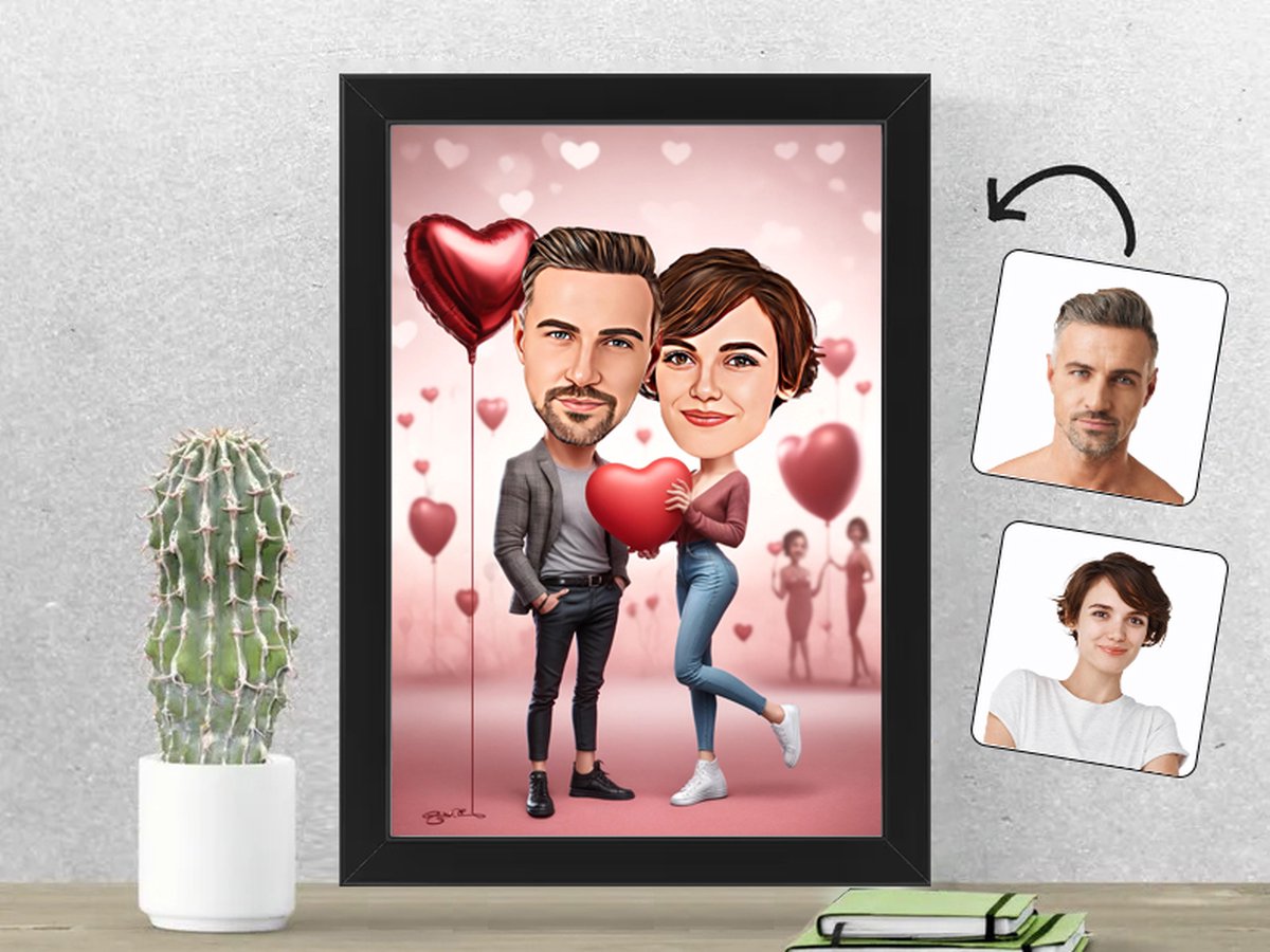 Romantisch Stel met Hartballonnen - Gepersonaliseerde Karikatuur Fotolijst 21x30 cm - Gepersonaliseerd Cadeau - Met Jouw Foto - Verjaardag - Kerst - Valentijn - Uniek en Handgemaakt - Cadeau - Huwelijk - Moederdag - Vaderdag - Jubileum - Liefdevol