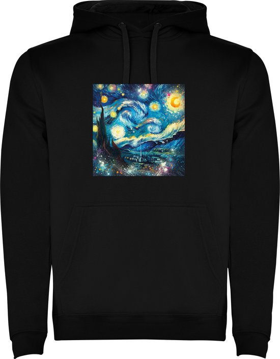Zwarte unisex hoodie met “ Kleurrijke Vincent Van Gogh - Sterrenhemel - Kunst “ Print Full Color merk Roly maat L
