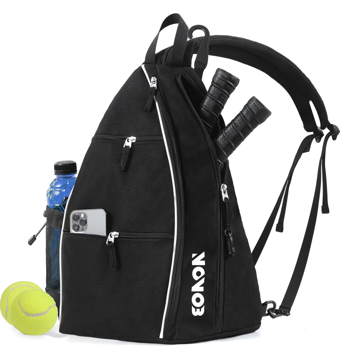 NOVOB® Padeltas - Tennistas - Sporttas Dames en Heren - Rugzak Jongens en Meisjes - Met Flessenhouder & Ophanghaak - Zweetbestendig Materiaal - Rugtas - Zwart | 35L