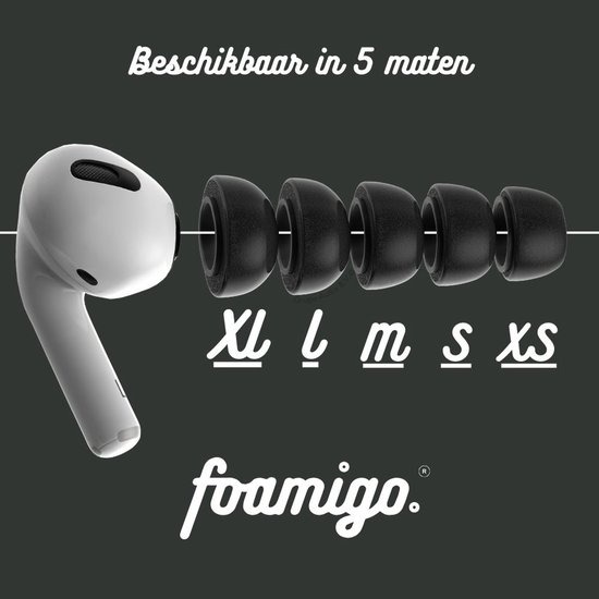 AirPod blanc avec cinq embouts d'oreille noirs en mousse, tailles XS à XL.