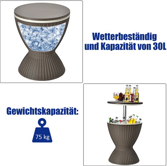 COSTWAY 3-in-1 Cool Bar, in hoogte verstelbare bijzettafel, 30 liter, outdoor bier- en wijnkoeler in rotanlook, drankkoeler met afvoergat, voor terras, party, zwembad, bruin van Merkloos — afbeelding 5
