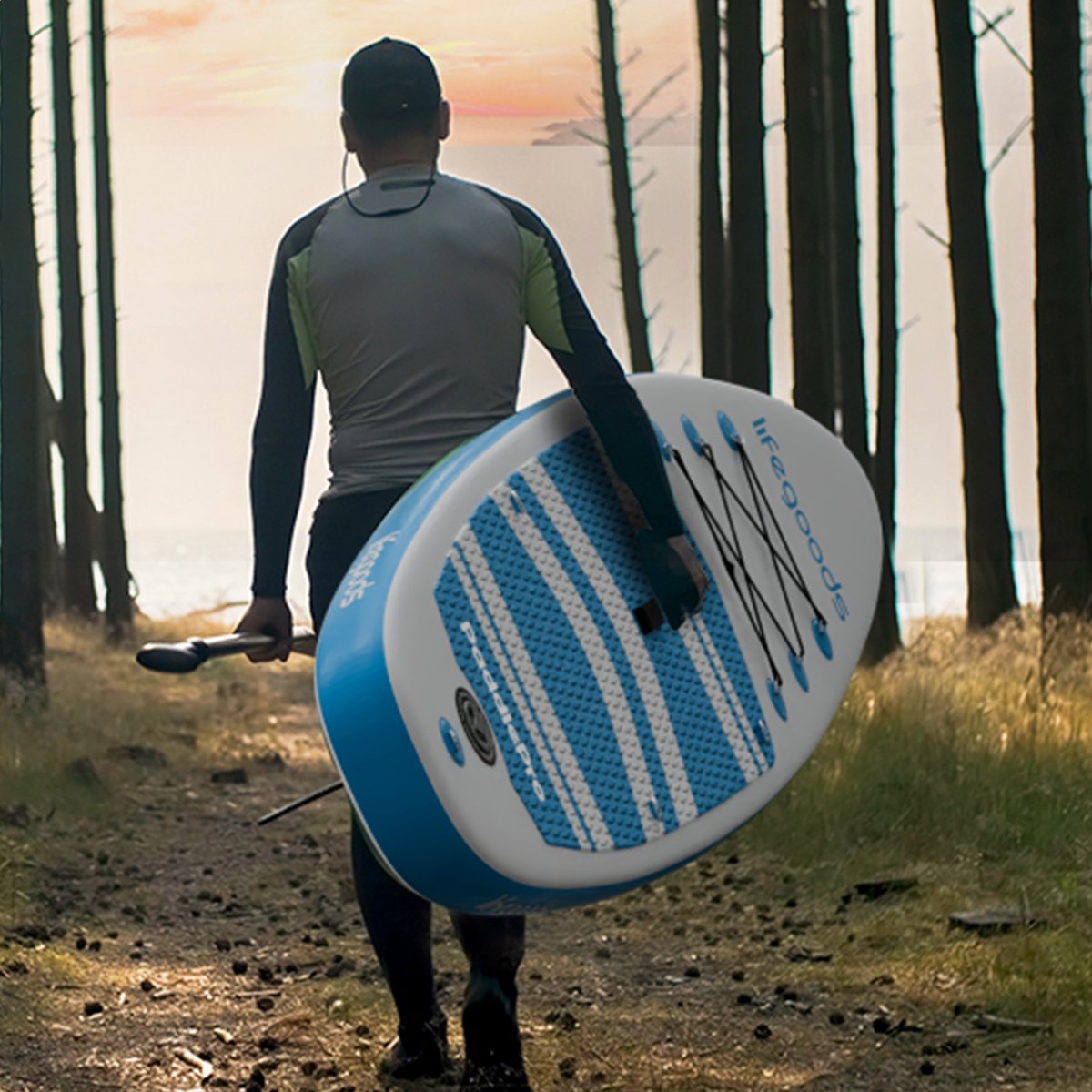 LifeGoods PaddlePro SUP Board - met Zitje - Opblaasbaar Paddle Board - Complete Set - Max. 150KG - 320x81cm - Wit/Sky Blue – foto 8