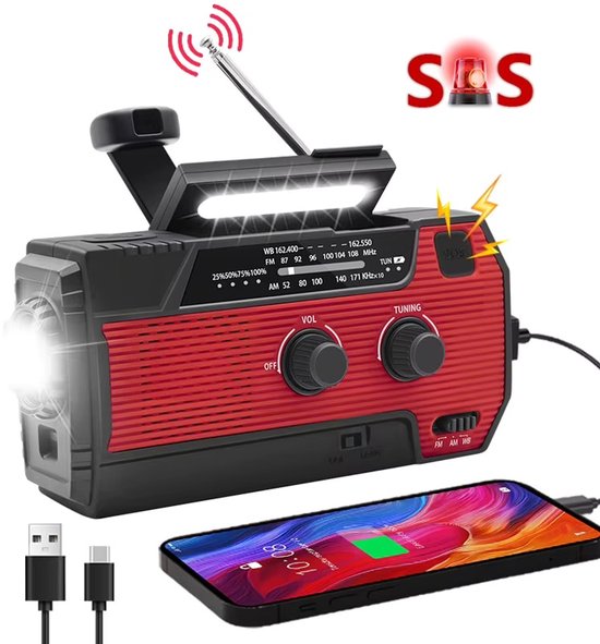 Noodradio Solar Opwindbaar en Batterij - Noodpakket - Draagbare Survival Radio - 4000 mAh - Powerbank Zonneenergie - Bouwradio - Zaklamp – Rood