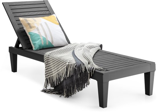COSTWAY Zonneligstoel, weerbestendig, tuinligstoel met verstelbare rugleuning, balkonligstoel van kunststof, terrasligstoel in houtlook, ligstoel tot 180 kg belastbaar, voor tuin, terras, zwart