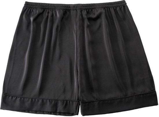 Zwart satijnen pyjamabroekje met elastische tailleband.