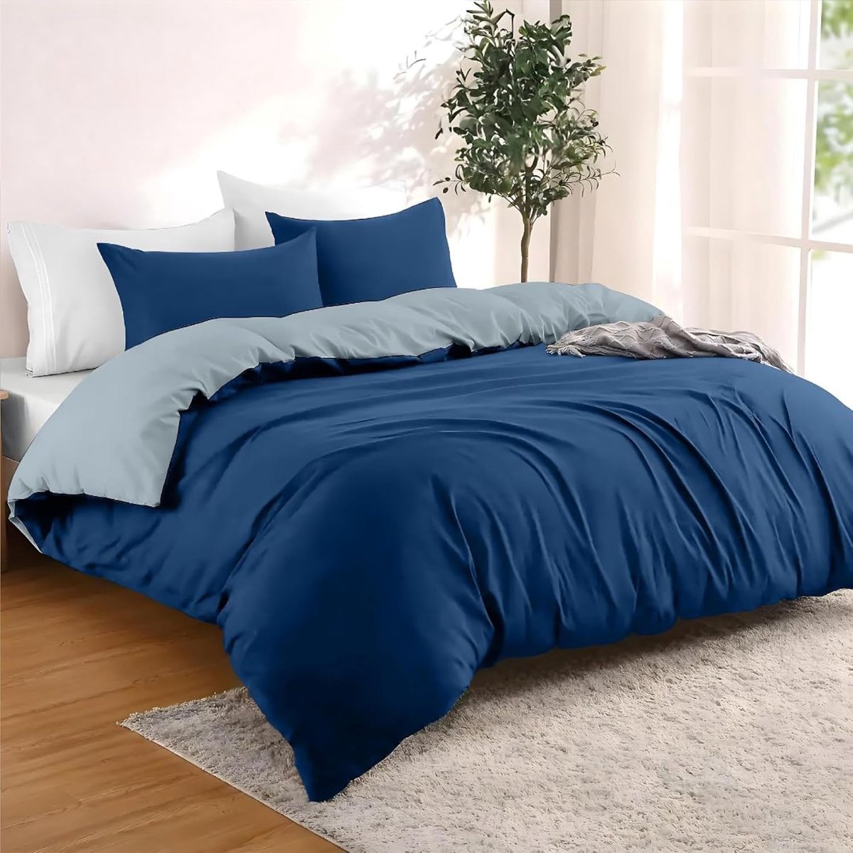 Azalia Dekbedovertrek 260x240 cm met 2 Kussenslopen - Donkerblauw en Blauwgrijs - 100% Microvezel - 3-delige Bedset met Oeko TEX Keuring