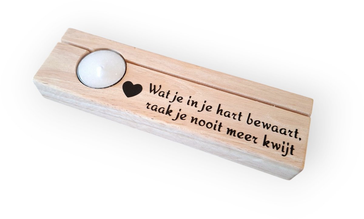 Gedenkplankje "Wat je in je hart bewaart, raak je nooit meer kwijt" afscheid waxinelichtje houder kaarthouder