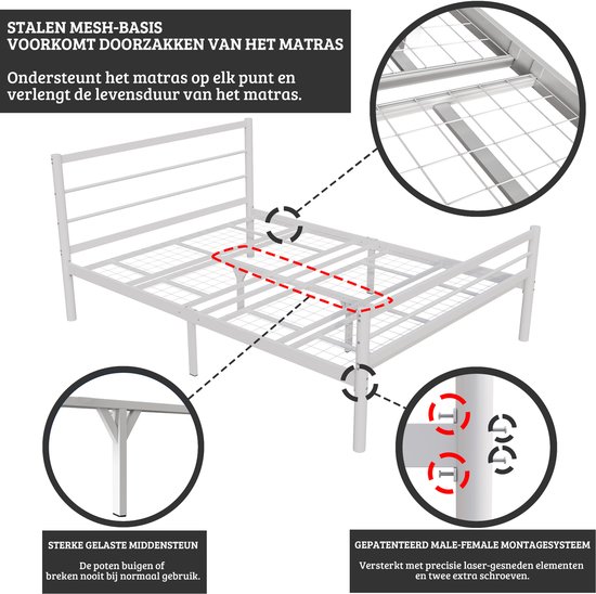 Cadre de lit en métal robuste AirSleeperz Bella - Couleur blanc - Dimensions 140x200 cm - Pour 2 personnes - Capacité de charge 600 kg