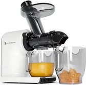 Witte KitchenBrothers slowjuicer met sap- en pulpbeker.