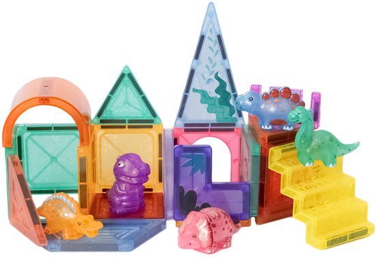 Speelgoedtopdeals – Magnetische tegels Dino – 27-delig – diverse vormen – 5,5 cm - Montessori Speelgoed – Bouwstenen – Dinosaurus