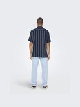 Man met de rug naar de camera, draagt een donkerblauw gestreept kort overhemd en een lichtblauwe jeans.