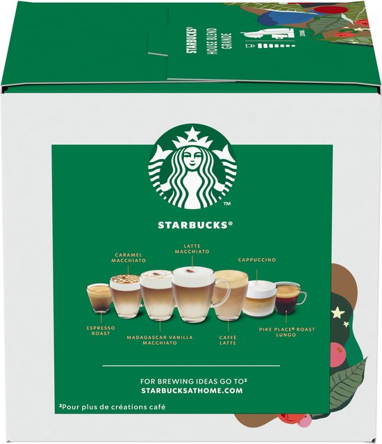 Zijkant van een doos Starbucks koffie met het Starbucks logo en diverse koffiebereidingen.