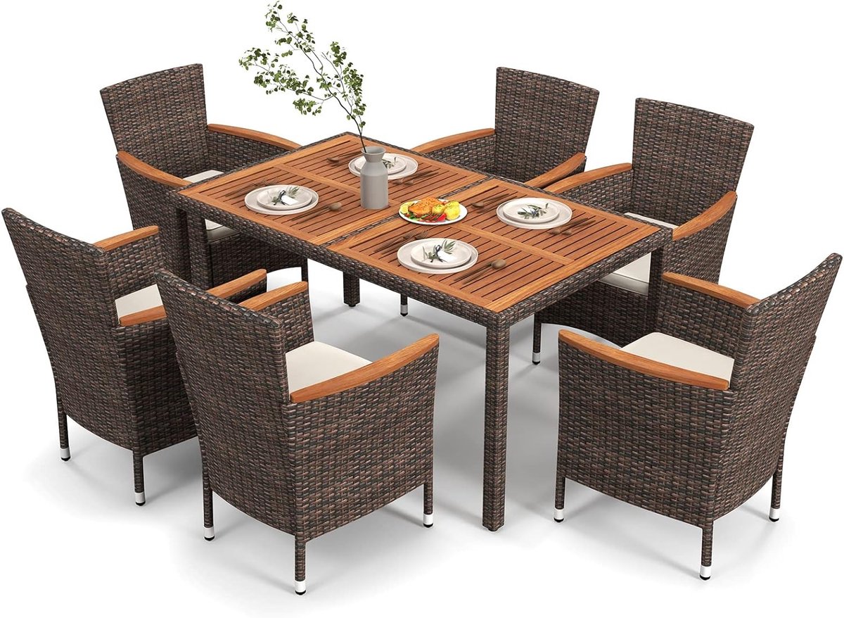 COSTWAY 7-delig rotan tuinmeubelset, zitgroep met tuintafel van acaciahout & 6 stoelen voor 6 personen, eetgroep zitmeubel, outdoor tuingarnituur, bruin