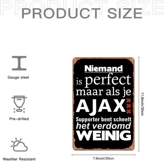 Décoration murale AJAX - Personne n'est parfait - Supporter de Ajax - Panneau Mancave en métal - Amsterdam - Pub - Bar - Café - Panneau Ajax - Mancave - Panneau en métal Ajax - Extérieur et intérieur - 20 cm x 30 cm