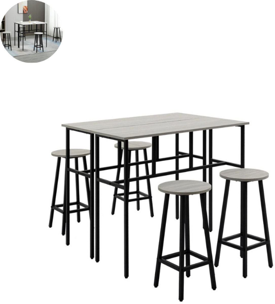 GranMaison Bartafel keuken - Bartafel Set - Barkruk - Barstoel - Keukenstoel - Voetsteun - Zwart+Grijs