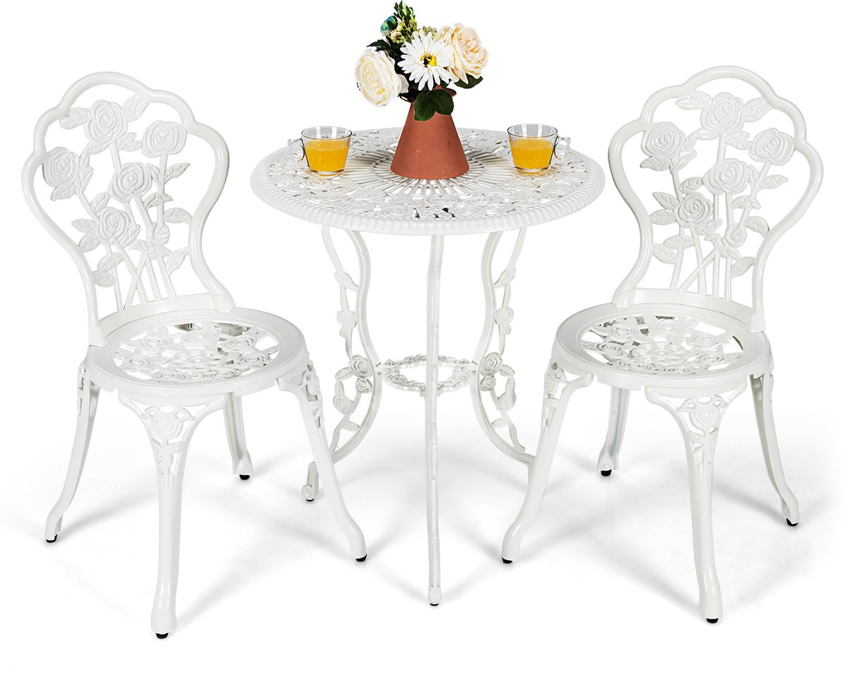 COSTWAY 3-delige tuinmeubelset, balkonset met 2 stoelen en tafel, balkonmeubels van gegoten aluminium en gietijzer, terrasmeubels, tuinset, zitgroep voor terras, balkon, tuin, wit