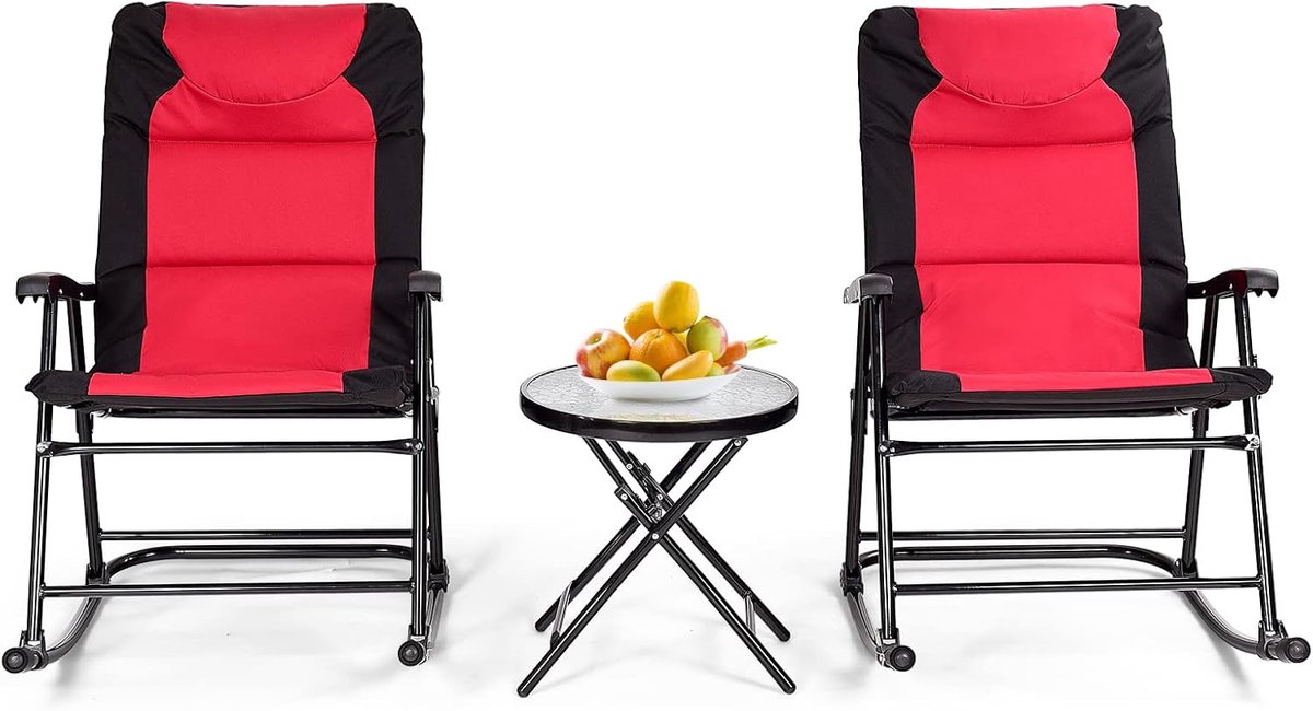 COSTWAY 3-delige schommelligstoel, ligstoelen met bijzettafel, tuinligstoel, bistroset, ligstoel voor balkon, camping, tuin (rood)