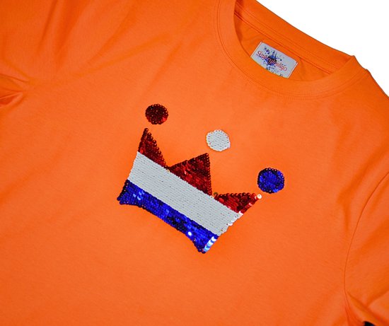 T-shirt slim fit femme drapeau néerlandais couronne avec séquence magique | Vêtements pour la Fête du Roi| Hollande | Championnats d'Europe - Championnats du monde - Jeux olympiques | Orange | taille XL