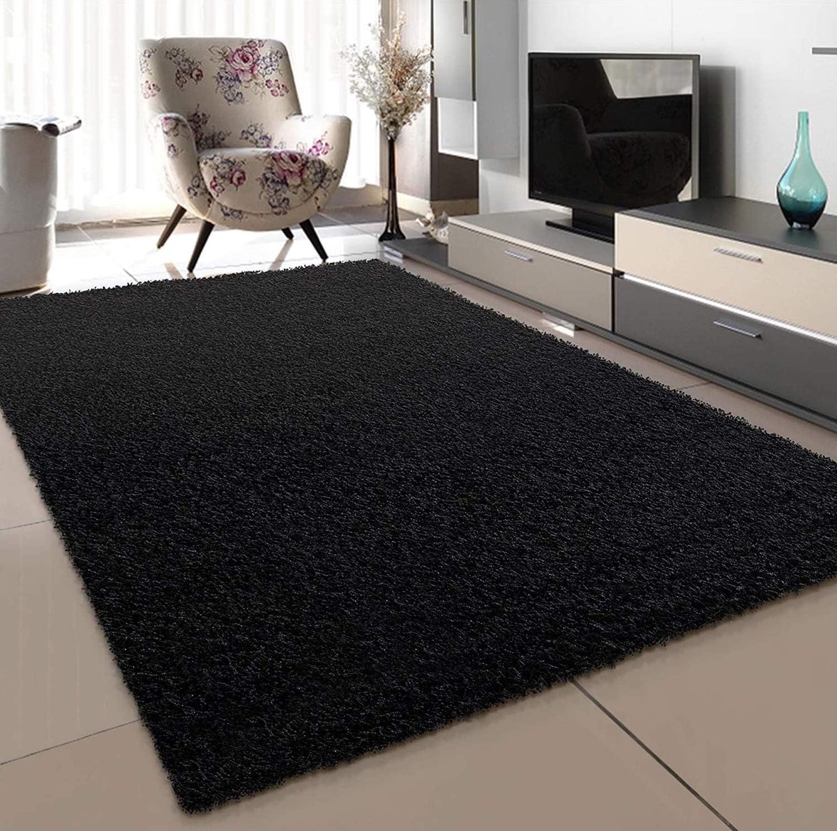 Famanu - Tapijt, woonkamer, zwart, hoogpolig, langpolig, modern, afmetingen: 60 x 110 cm