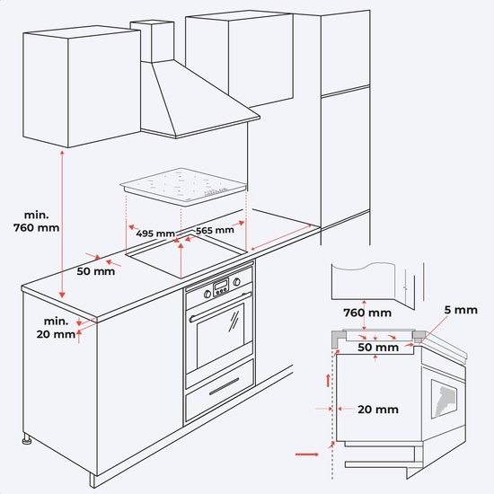 Dessin technique d'une plaque de cuisson à induction intégrée avec dimensions d'installation.