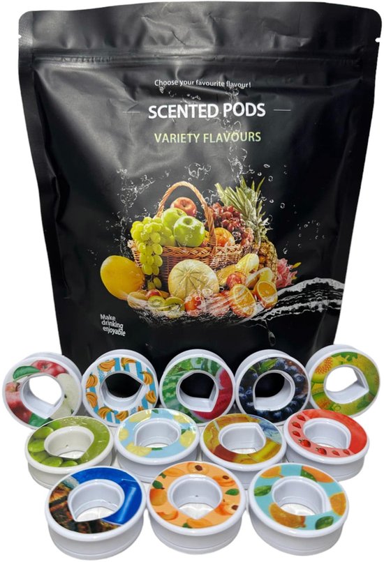 12x Dosettes parfumées - Dosettes d'eau parfumée - Convient pour bouteille Air Up - Forme goutte - 12 arômes - Fraise - Pomme - Banane - Myrtilles - Cantaloup - Citroen - Cola - Boisson énergisante - Citron Lime - Pêche - Orange - Pastèque