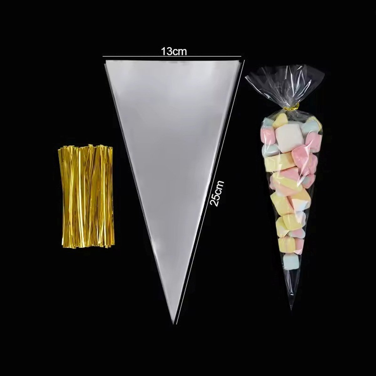 100x Cellofaan Puntzakken 25x13 cm - 100 Stuks Puntzak Doorzichtig - Traktatie Zak - Uitdeelzak - Snoepzak - Inclusief Sluitstrips Goud - 13x25 cm - 100 Stuks — afbeelding 9