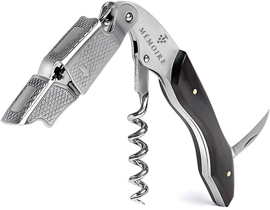 Mémoire® Couteau Sommelier Zwart Pakkahout - Kurkentrekker - 3 in 1 Sommelier mes met Flessenopener en Foliesnijder - Stijlvolle en Duurzame Wijnopener - Perfect voor Horeca en Thuis - Premium Kelnermes voor Wijnliefhebbers - Luxe Cadeau