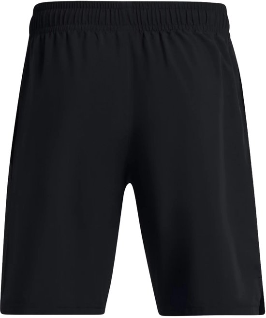 Zwarte korte broek met elastische tailleband en trekkoord.