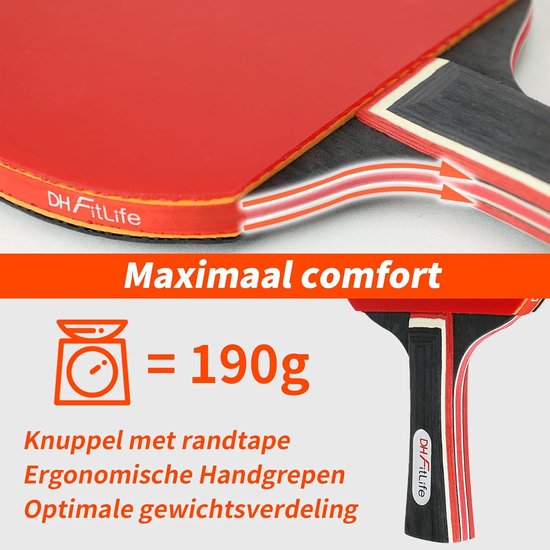 Tafeltennisbatje met rood rubber en zwarte grip. Maximaal comfort. 190g. Ergonomische handgrepen.