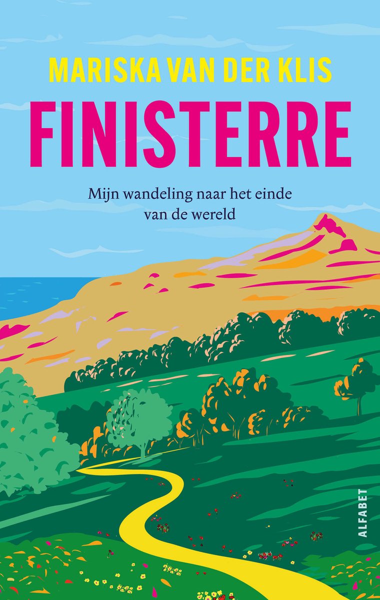 Boek "Finisterre" met een gele kronkelende weg door een groen landschap met bomen en bergen op de achtergrond, en de tekst "FINISTERRE" in roze letters.