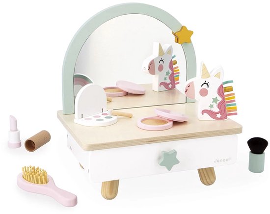 Janod Unicorn - Eenhoorn Houten Kaptafel - Kinderspeelkaptafel Inclusief 7 Accessoires, Voor Een Magische Look - Handig Tafelmodel - Geschikt Vanaf 3 Jaar