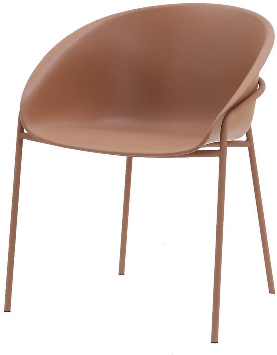 Chaise à coque en plastique terracotta sur cadre en métal à quatre pieds.