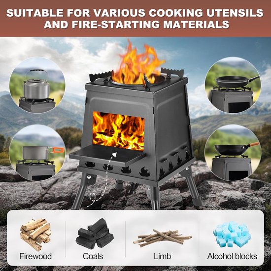 Meedeer Outdoor Houtkachel-Draagbaar Houtkachelfornuis-houtkachel buiten-Survival Firewood Stove-Stove-Kooktoestel voor camping-Campinggrill-Roestvrij staal-Zwart van Merkloos — afbeelding 2