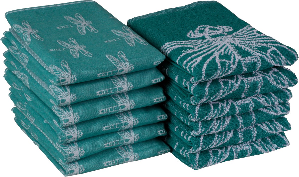 DoubleDry Theedoeken en Keukendoeken Set - 12 Stuks - 100% Katoen - Hoge Absorptie & Duurzaam - Smaragdlibel, Groenblauw