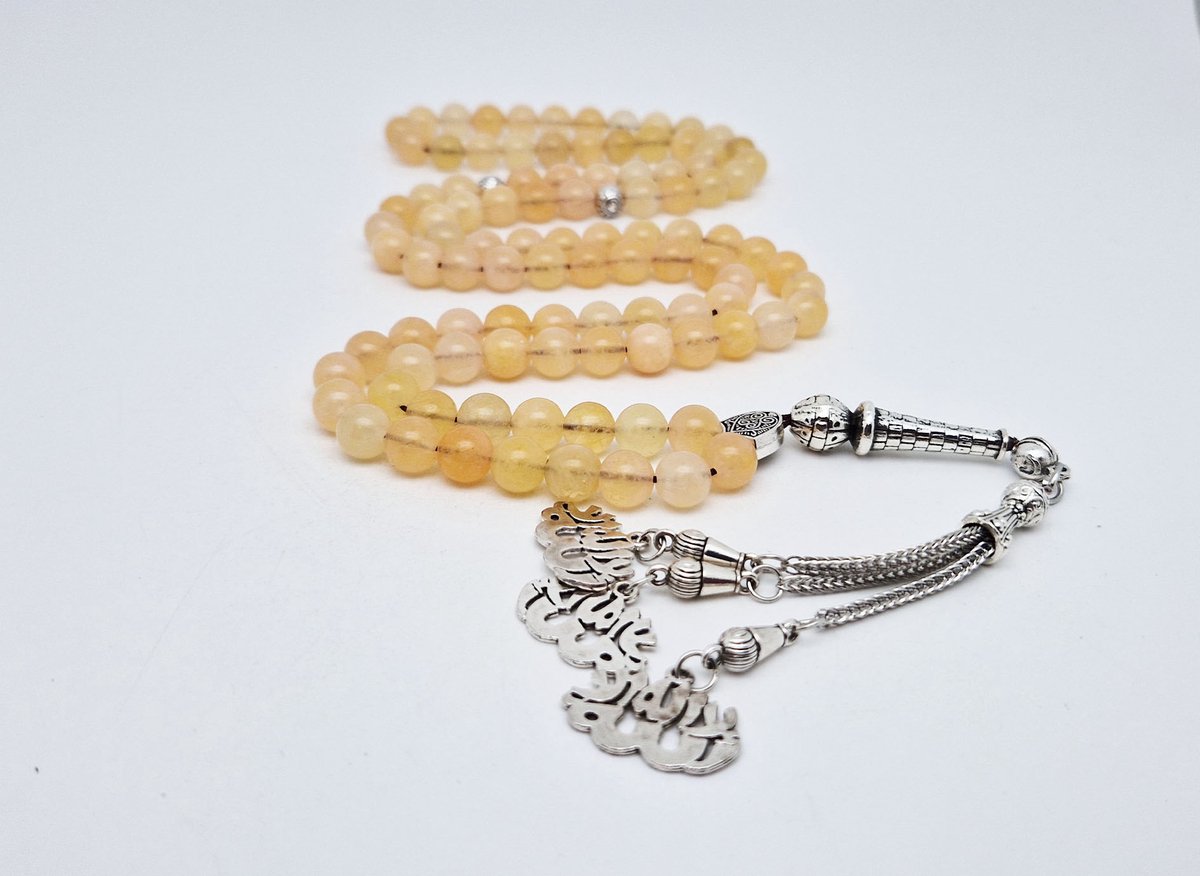 Handgemaakte tesbih "Tasbih" natuursteen " Calciet geel " - Aantal kralen 99 - Diameter kralen 8MM - met metaal tassel "La alih ala allah" - Een mooi cadeau-idee