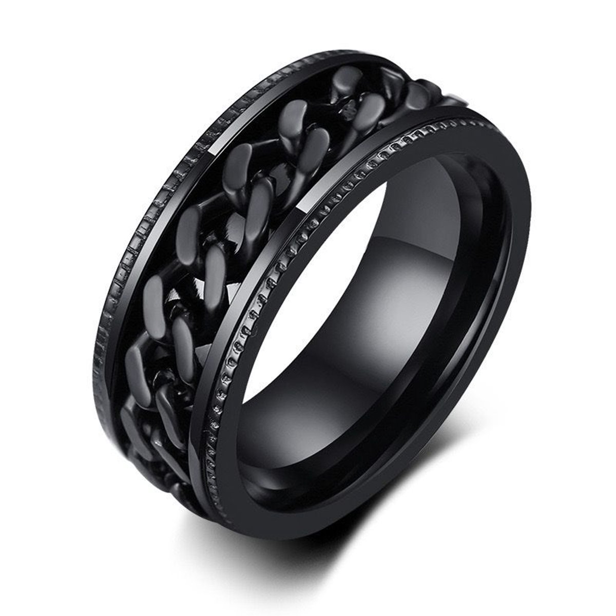 NEFET® - Anxiety Chainring - Fidget Ring - Roestvrij Staal - Maat 18 - Zwart - Schakelmotief - Heren / Dames - ideale geschenk - Cadeau voor Man - Cadeautjes Accesoires - Trendy