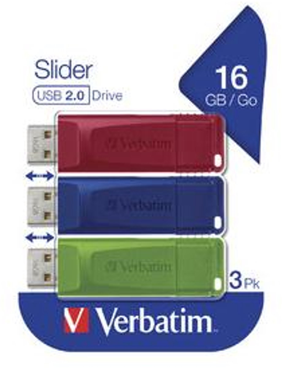 Verbatim Slider USB-stick 16 GB USB 2.0 Rood, Blauw, Groen 49326