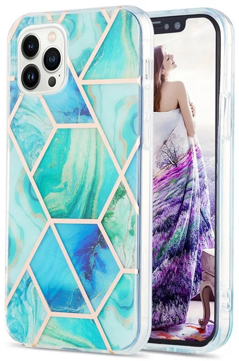 Cityhoesje - iPhone 15 Pro - Splicing Marble Pattern Electroplated - Back Cover - Groen