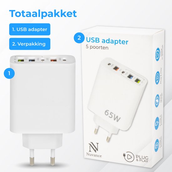 Nuvance - Adaptateur USB - 5 Portes - Prise USB - Chargeur USB - Convient à tout câble USB