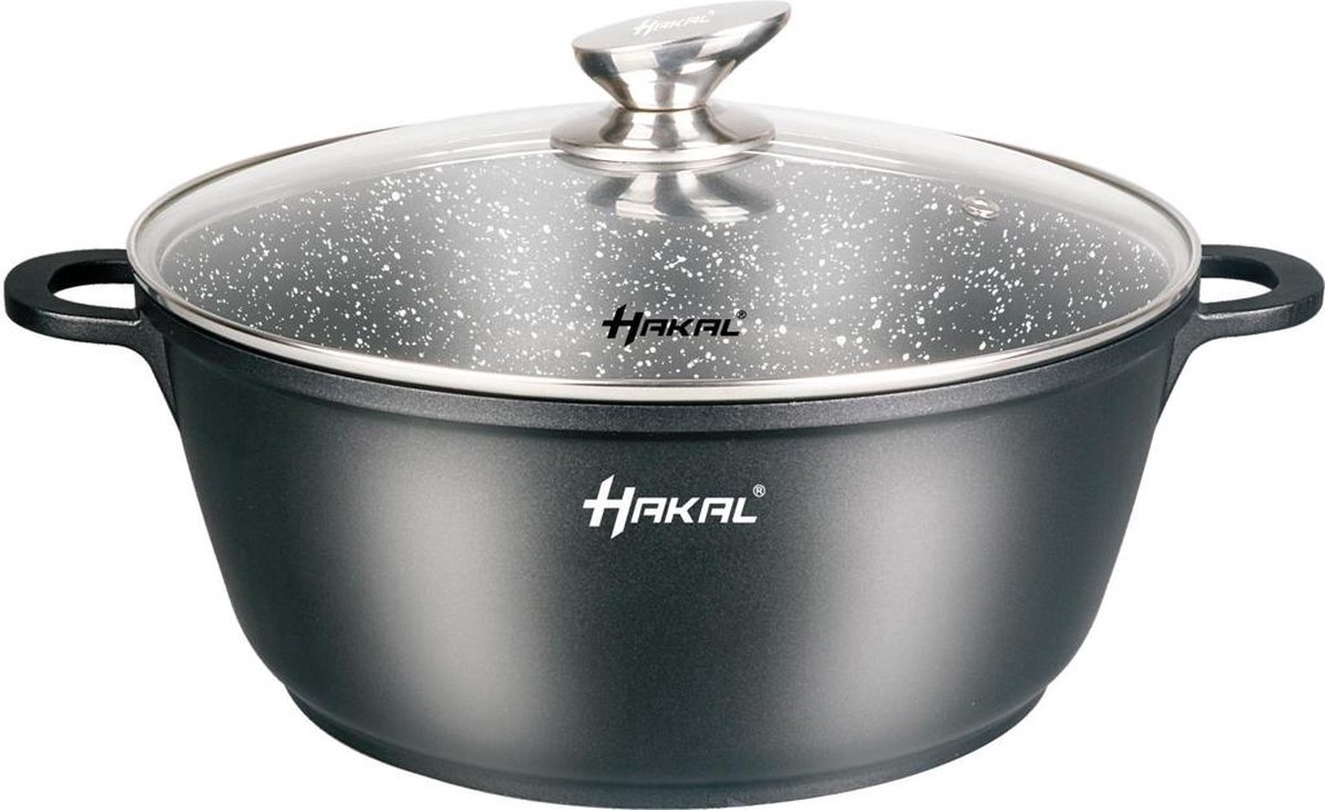 Inductie Marmeren braad- soeppan Ø 28 cm | Alle Warmtebronnen | 5.7 Liter Kookpan Met Glazen Deksel - Antiaanbaklaag - Aluminium - Zwart