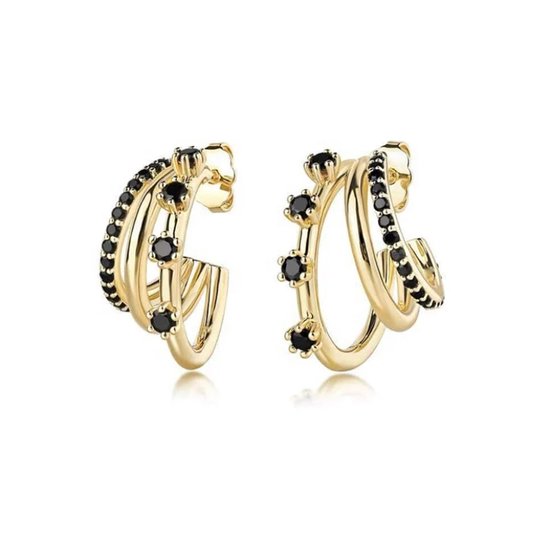 Boucles d'oreilles multiples Bling-it avec zircones noires. Taille 20 mm, argent sterling 925 avec une couche d'or 14 carats.