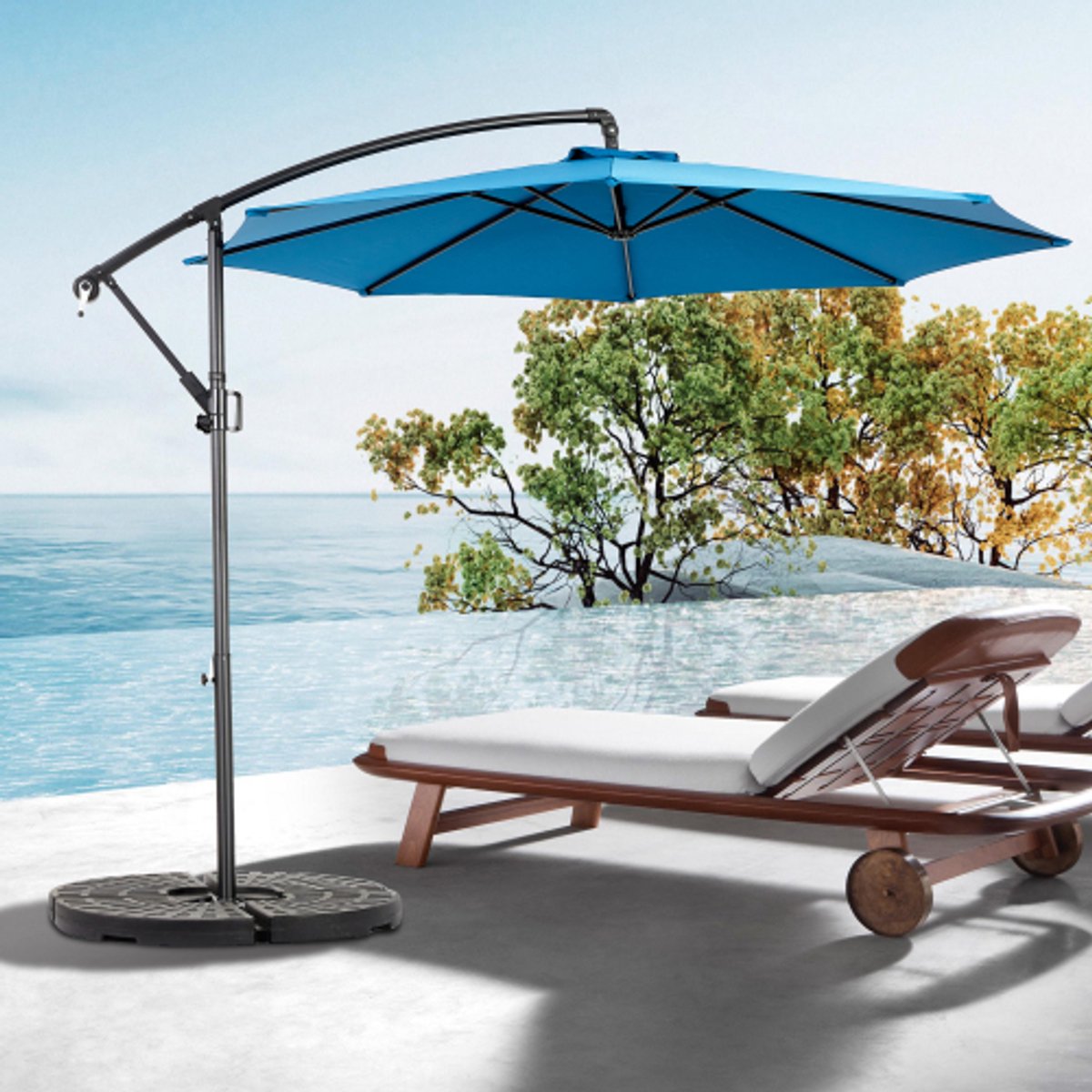 Rectangular large 14.8 ft double-sided outdoor parasol with crank mechanism (no base included) in neutral color.
