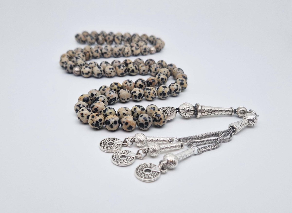 Handgemaakte tesbih "Tasbih" natuursteen " Jasper Dalmatin" - Aantal kralen 99 - Diameter kralen 8MM - met metaal tassel "Cirkels" - Een mooi cadeau-idee