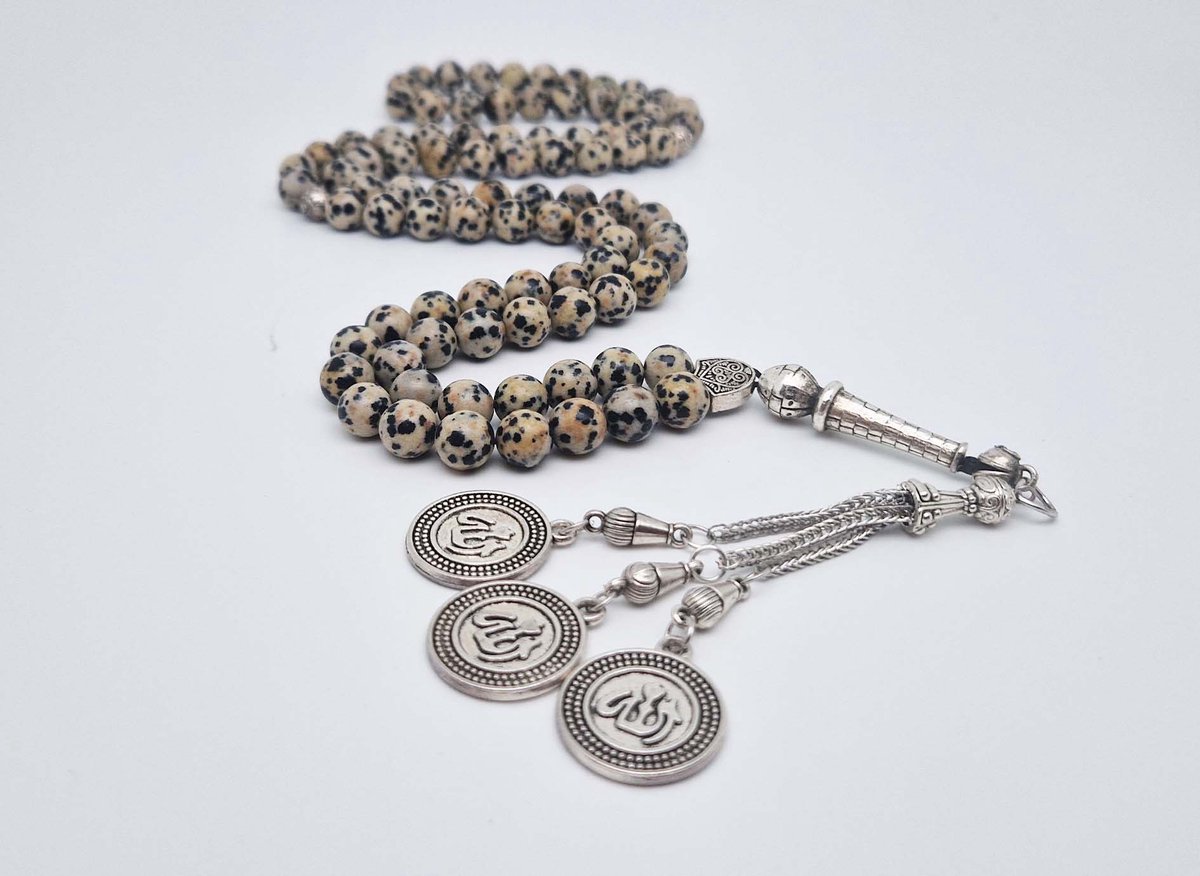 Handgemaakte tesbih "Tasbih" natuursteen " Jasper Dalmatin" - Aantal kralen 99 - Diameter kralen 8MM - met metaal tassel "Allah Alwahid" - Een mooi cadeau-idee